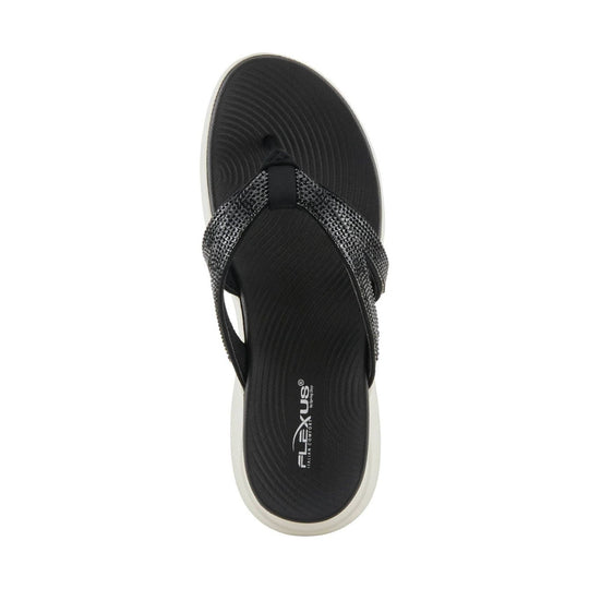 Black thong sandal with textured straps and white sole