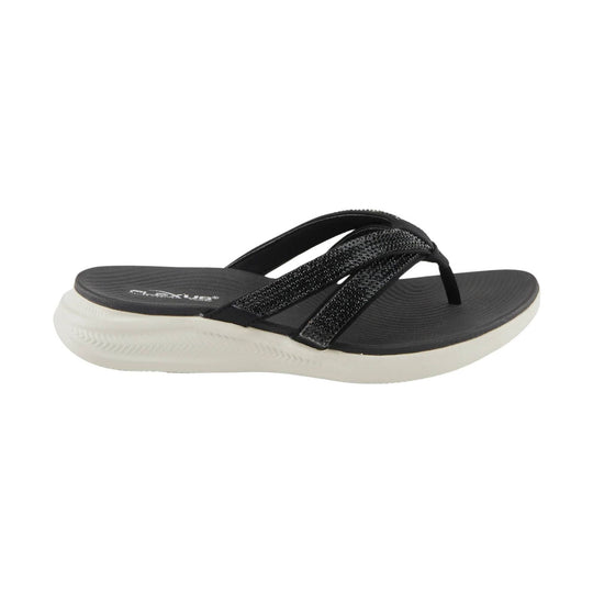 Black thong sandal with beaded crisscross straps and a white wedge sole