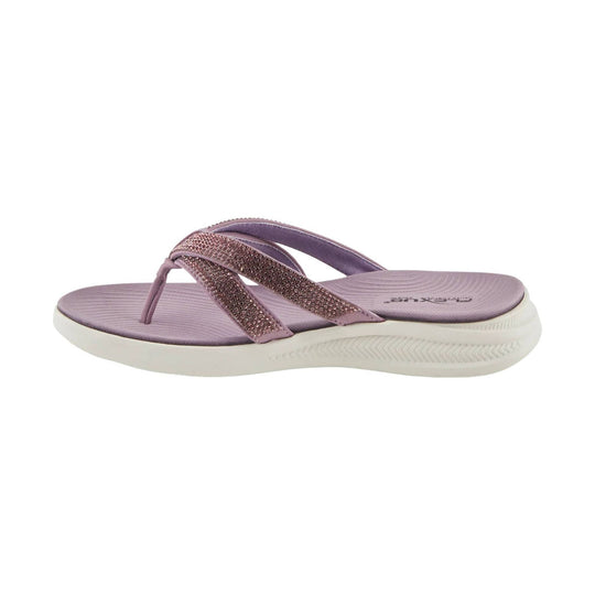Lavender thong sandal with rhinestone straps and a white cushioned sole