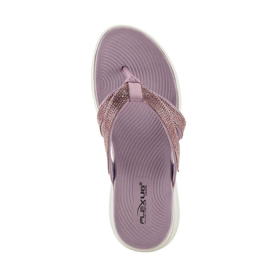 Lavender thong sandal with rhinestone straps and textured footbed