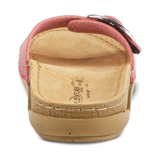 Rear view of a pink and tan sandal with a cushioned footbed, buckle strap, and rubber sole
