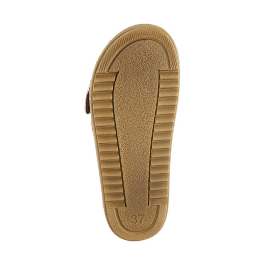 Tan sandal outsole with textured tread and size 37 marking