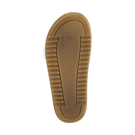 Tan sandal outsole with ribbed tread and size 37 marking