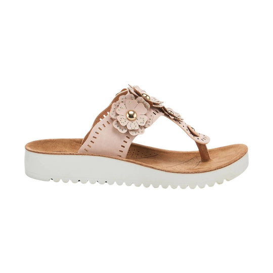 Blush thong sandal with floral strap details and a white platform sole