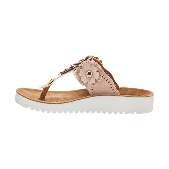 Blush thong sandal with flower embellishment and white platform sole