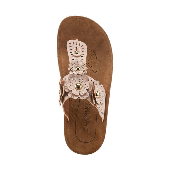 Blush thong sandal with floral embellishments and gold stud details on a brown footbed