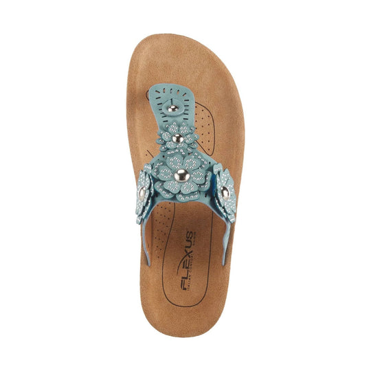 Blue floral thong sandal with rhinestone embellishments and a tan footbed