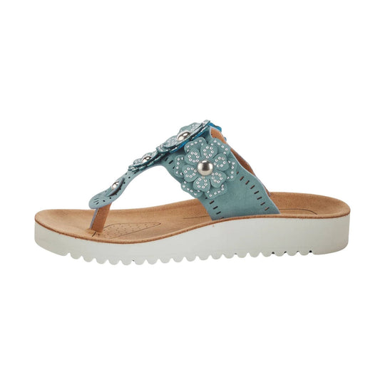 Teal thong sandal with floral embellishments and white wedge sole