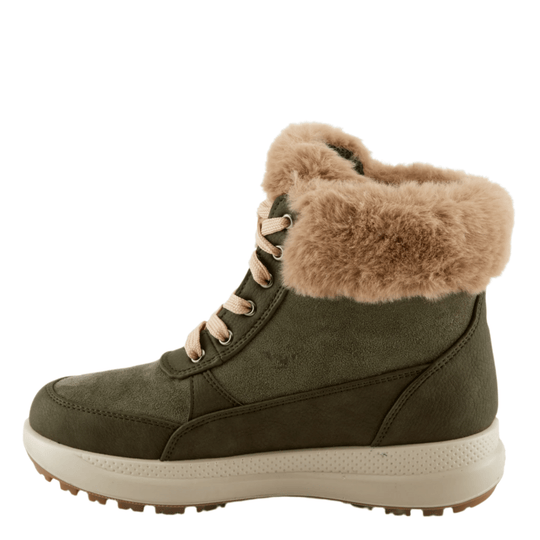 Olive green winter boot with faux fur collar, beige laces, and white sole
