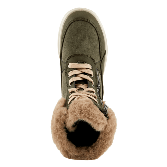 Olive green winter boot with beige laces, faux fur lining, and a side zipper