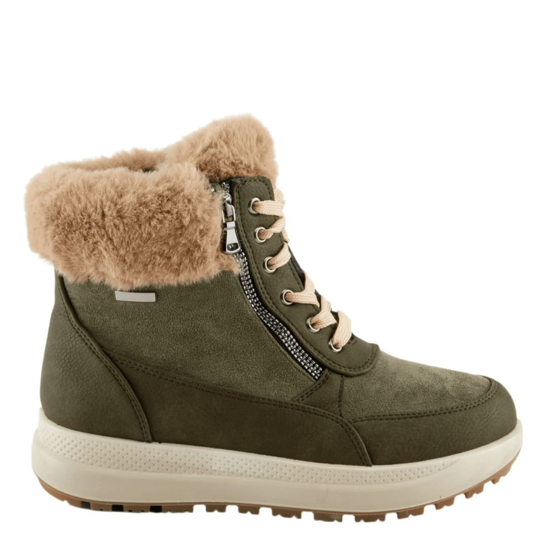 Olive green winter boot with faux fur cuff, beige laces, side zipper, and white platform sole