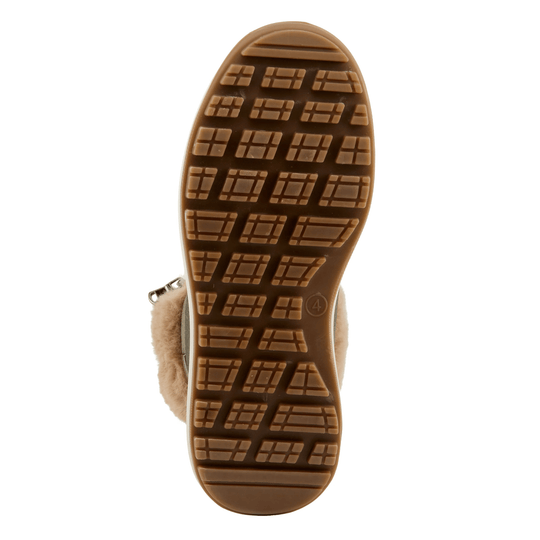 Brown rubber boot sole with lug tread and embossed size 4