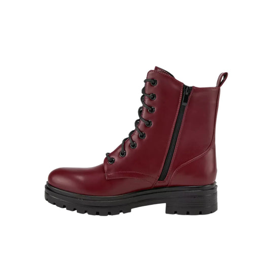 Burgundy mid-calf lace-up boot with black lug sole and side zipper