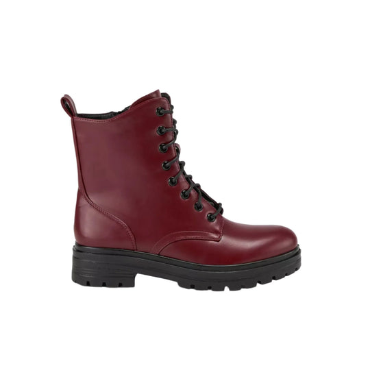 Burgundy mid-calf lace-up boot with black lug sole and pull tab