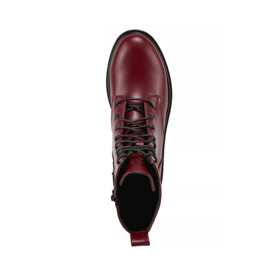 Burgundy mid-calf lace-up boot with black sole and side zipper, top view