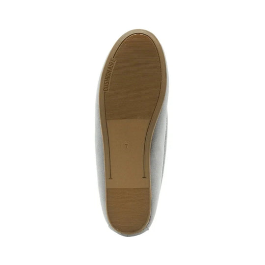 Light gray flat slipper with tan rubber sole, shown from the bottom