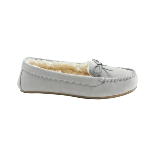 Light gray suede moccasin slipper with faux-fur lining and bow detail