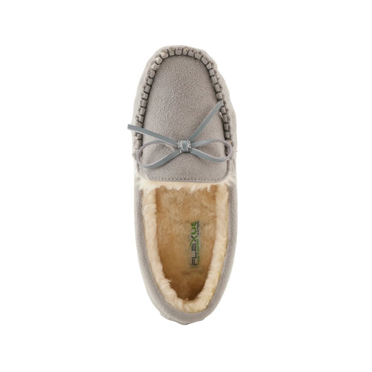 Gray suede moccasin slipper with faux-fur lining and bow detail