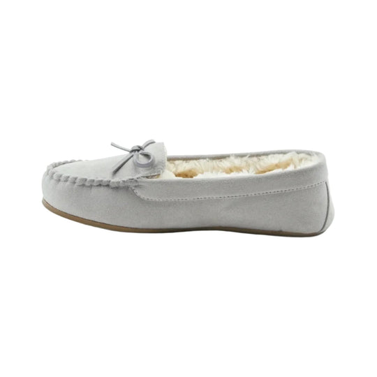 Light gray suede moccasin slipper with bow and faux-fur lining, side view