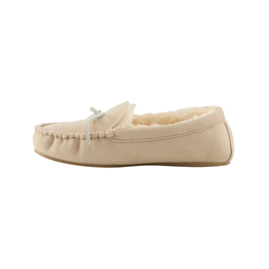 Cream suede slipper moccasin with faux-fur lining and a tied bow