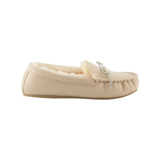 Cream faux-fur lined slip-on moccasin slipper with a bow detail