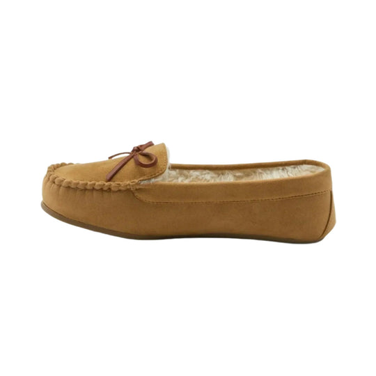 Tan suede moccasin slipper with shearling lining and a bow on top