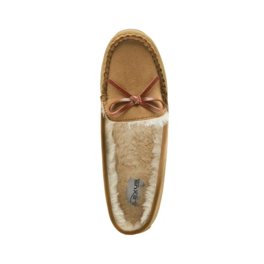 Tan moccasin-style slipper with faux fur lining and a small bow on the vamp, shown from above.