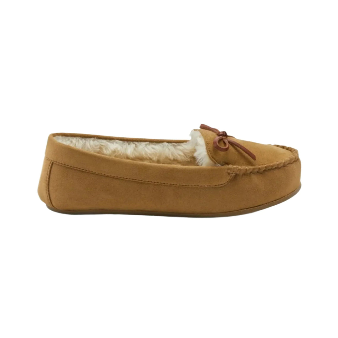 Tan suede moccasin slipper with faux fur lining and a bow on the toe