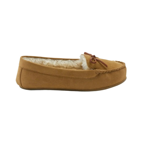 Tan suede moccasin slipper with faux fur lining and a bow on the toe