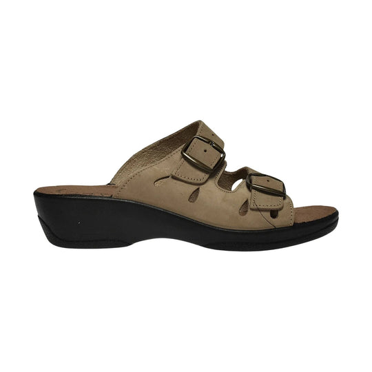 Beige two-strap slide sandal with buckles and a black wedge sole, side view