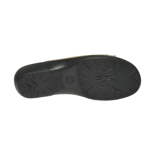 Underside of a black slide sandal outsole with floral tread pattern and size 37 stamped near the center