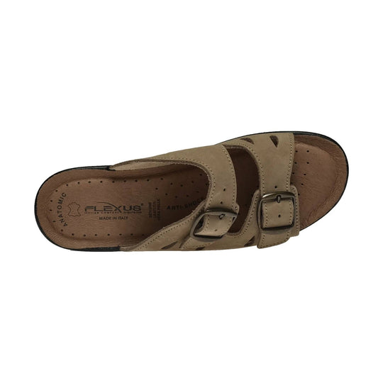 Beige leather slide sandal with two buckles, cutout detailing, and a cushioned footbed