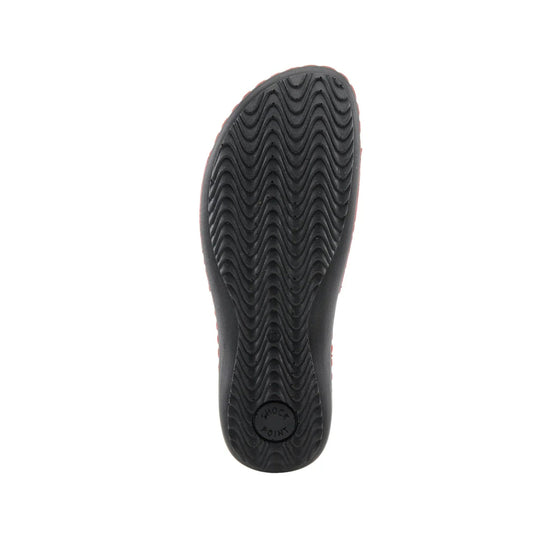 Black shoe outsole with wavy traction tread and a visible Shock Point marking