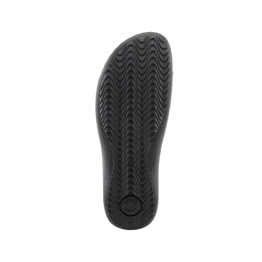 Black sandal outsole with wavy tread pattern and Shock Point marking