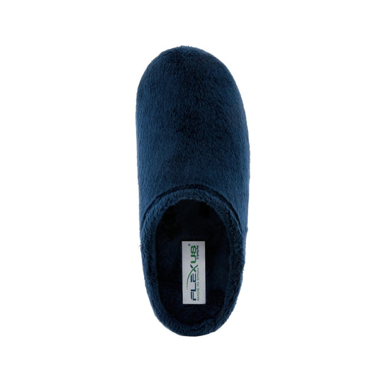Navy fuzzy slipper with closed toe and open back, shown from above with a visible inner label