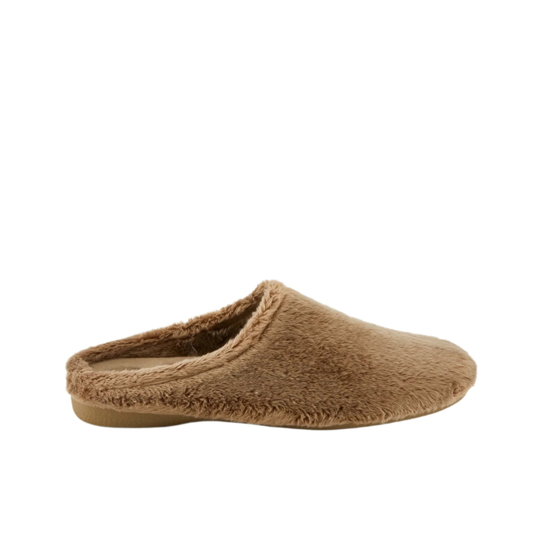 Tan fuzzy slip-on mule slipper with an open back and low rubber sole, side view