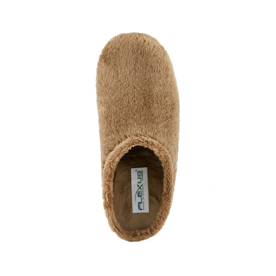 Tan fuzzy closed-back slipper with a textured upper and plush lining, shown from above