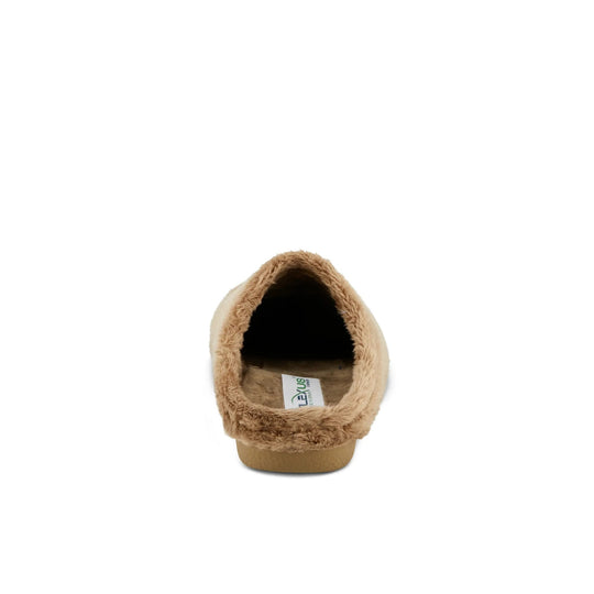 Tan faux-fur slipper seen from the back