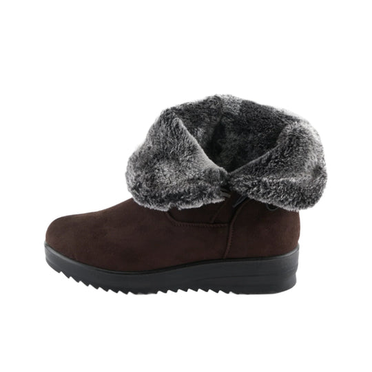 Brown ankle boot with a faux-fur cuff and black rubber sole