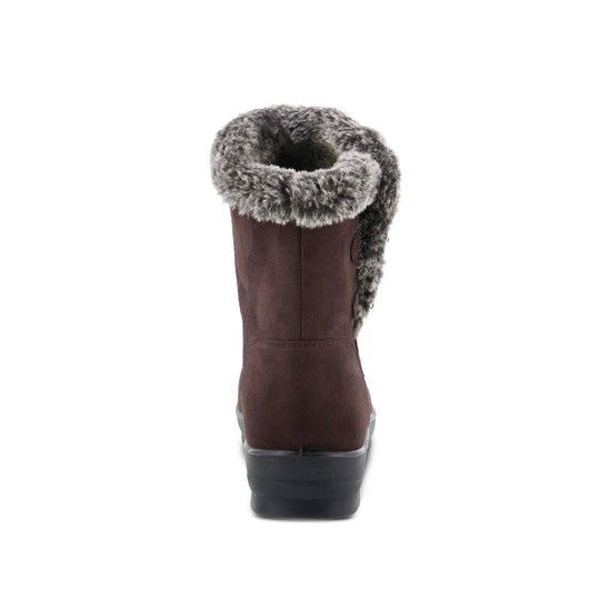 Brown ankle boot with faux-fur cuff and black sole, shown from the back