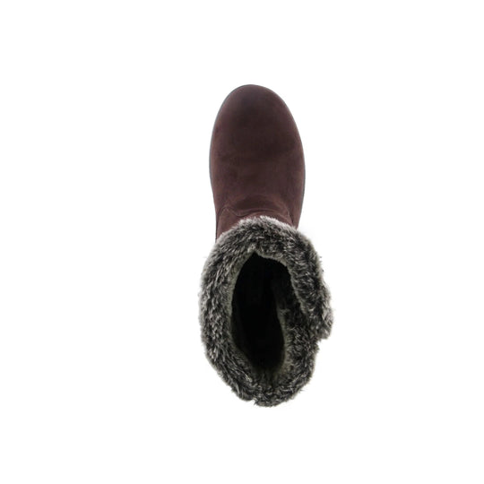 Brown ankle boot with faux-fur cuff and rounded toe, shown from above
