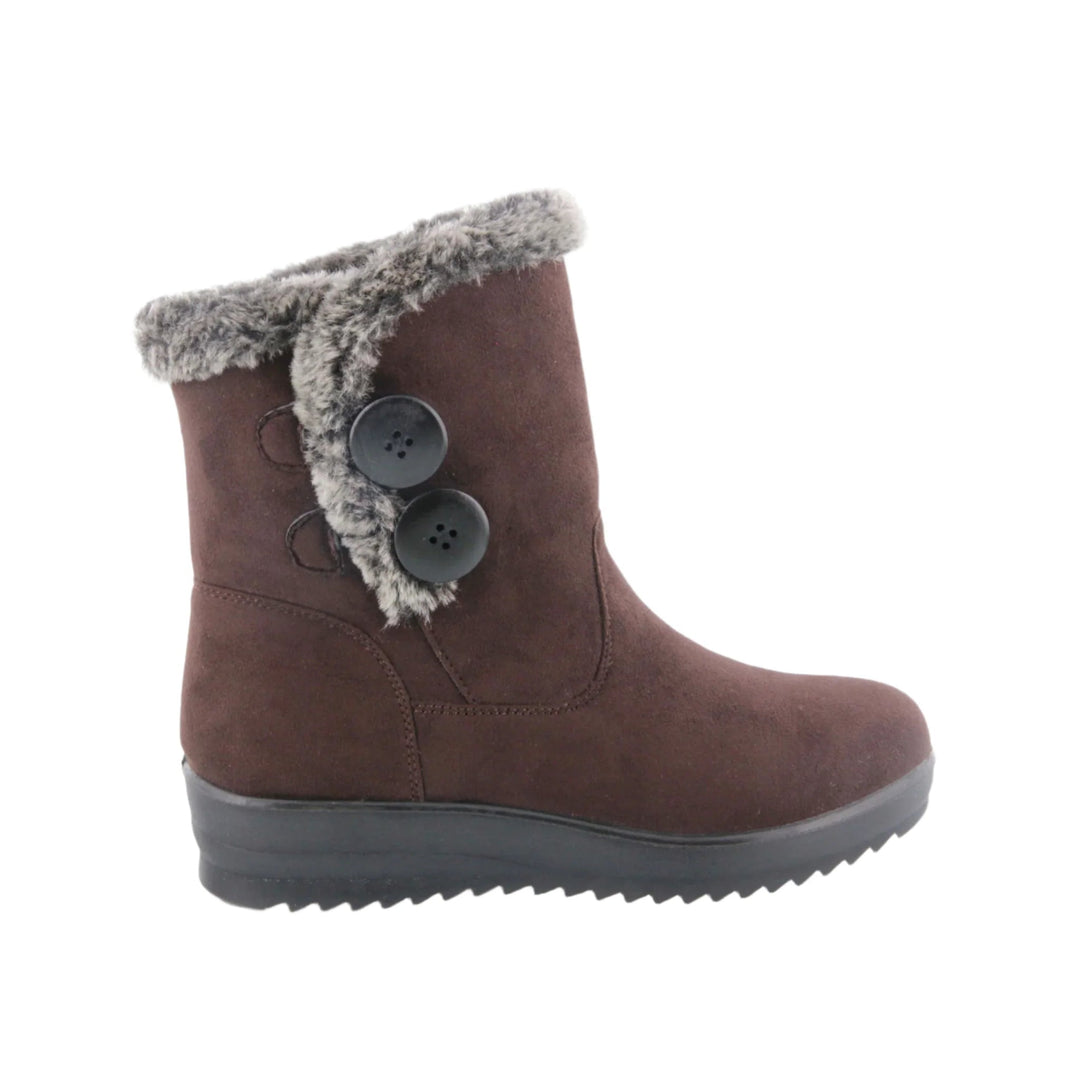 Brown mid-calf boot with faux fur trim and two large side buttons