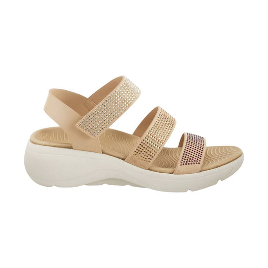 Beige women’s wedge sandal with three rhinestone-embellished straps and a white platform sole
