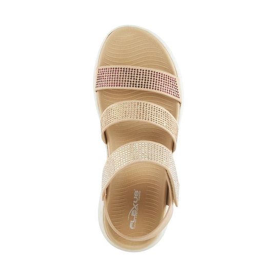 Beige strappy sandal with rhinestone bands, shown from above