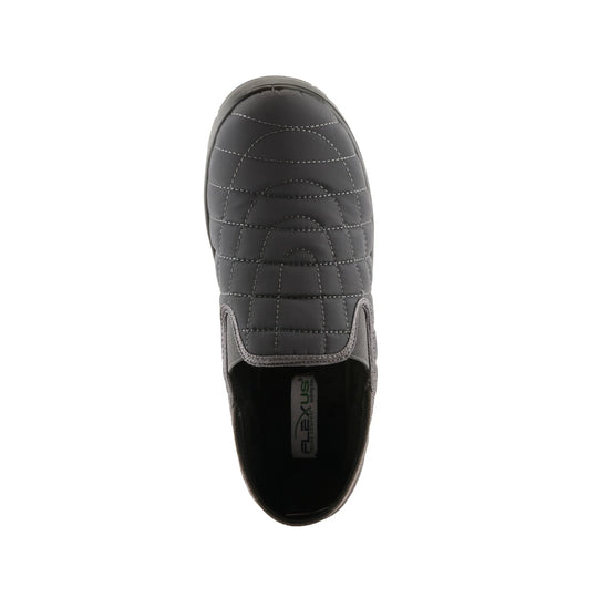 Black quilted slip-on winter shoe with gray trim, top view