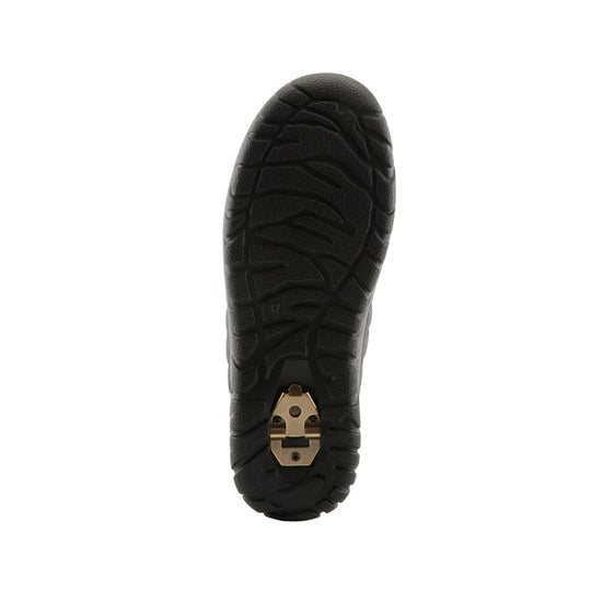 Black winter shoe sole with deep tread and a metal cleat plate