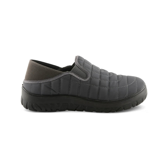 Dark gray quilted slip-on winter shoe with black rubber sole and faux fur collar