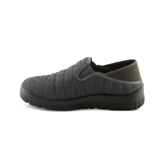 Gray quilted slip-on winter shoe with black treaded sole