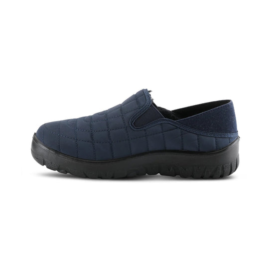 Navy slip-on clog with quilted upper, elastic side gore, and thick black treaded sole