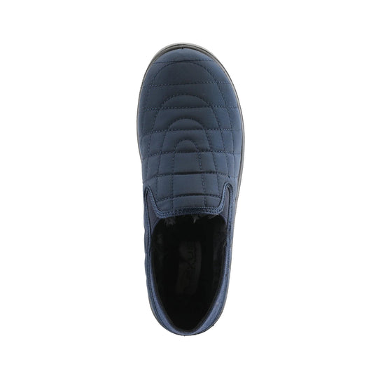 Dark blue quilted slip-on shoe with a fuzzy lining, top view